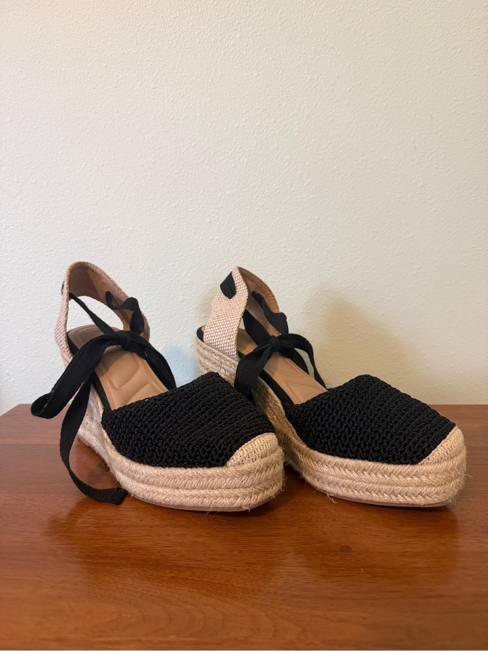 Primark Black Knit Espadrille Wedge Tie-Up Sandals